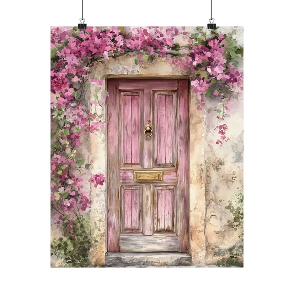 Pink Door Watercolor Art Print, Rustic European Doorway