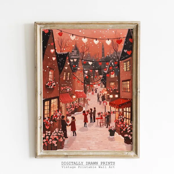 Valentines Day Romantic Village Scene Art Print