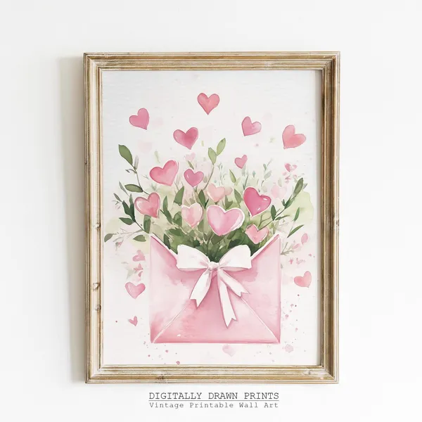 Pink Hearts Envelope Watercolor Art Print