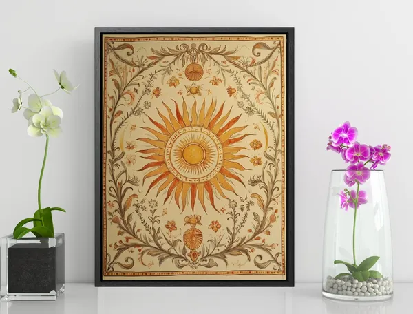Boho Sun Design Art Print, Vintage Rose Floral
