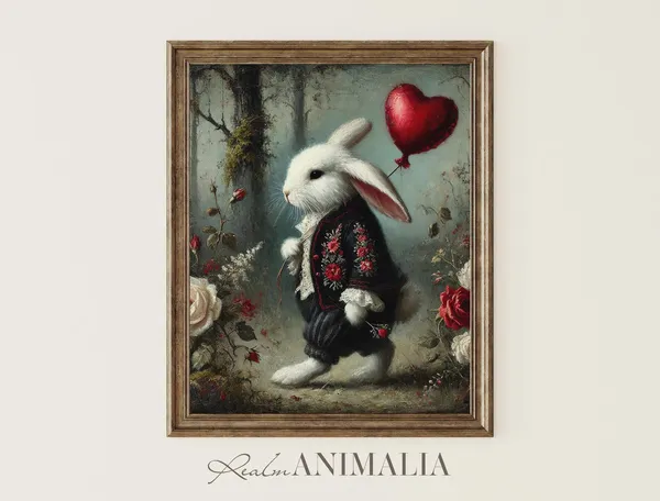 White Bunny Rabbit Art Print, Whimsical Valentine Style