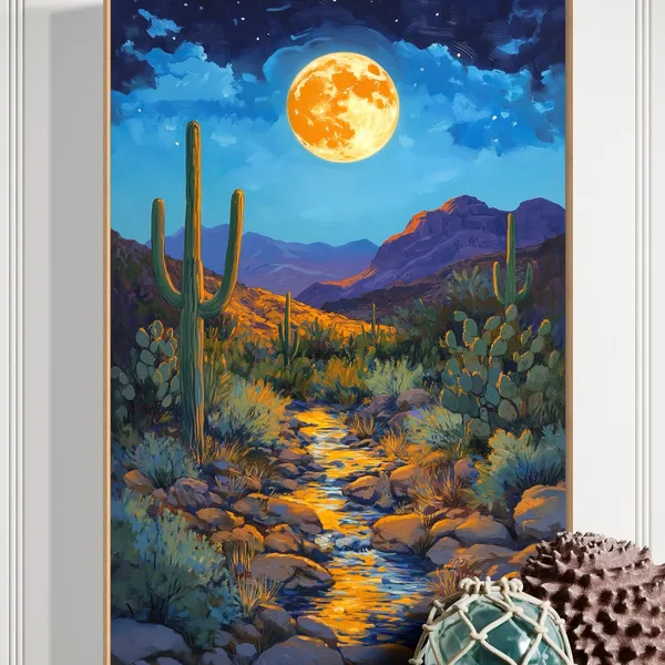 Desert Moon Boho Cactus Southwestern Landscape Art Print