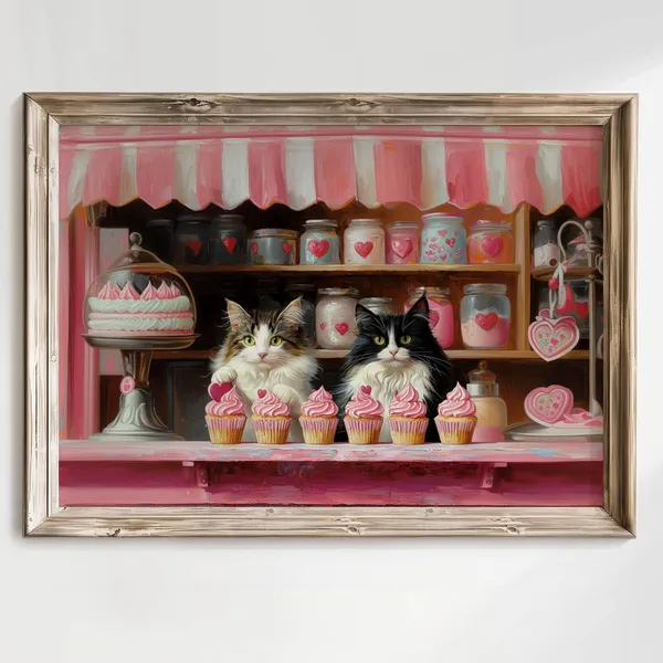Tabby Cat And Tuxedo Valentine Bakery Poster