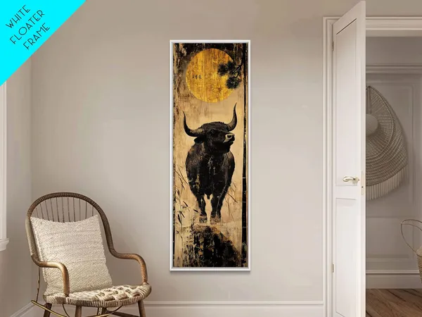 Bull Moonlight Scene, Rustic Farmhouse Wall Art Print