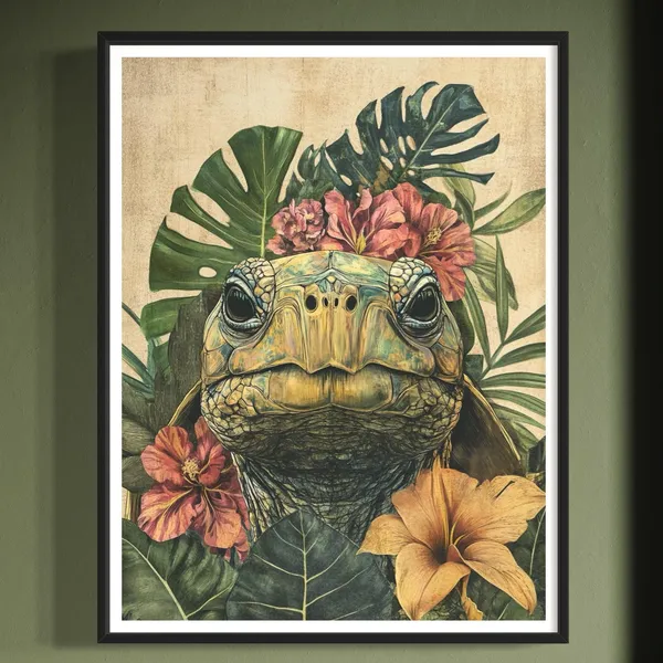 Tortoise With Monstera & Hibiscus, Tropical Art Print