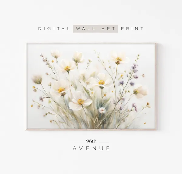 White Wild Flowers Art Print, Neutral Cottage Decor