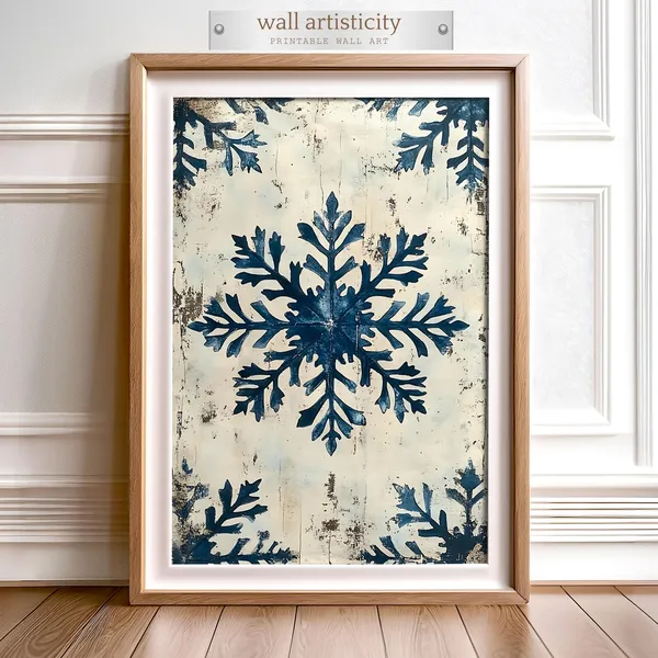 Rustic Blue Snowflake Art Print, Winter Decor