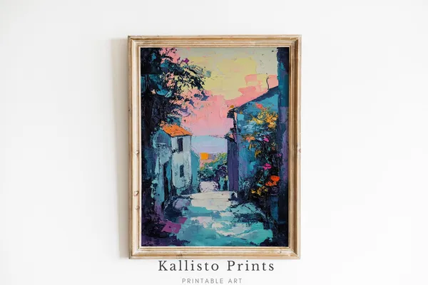 Sunset Alleyway Art Print, Vibrant Textured Painting