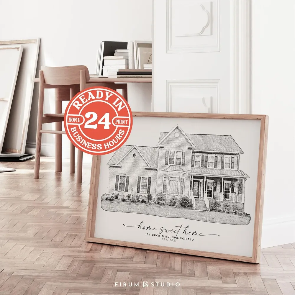 Custom Home Portrait, Black White Sketch Art Print