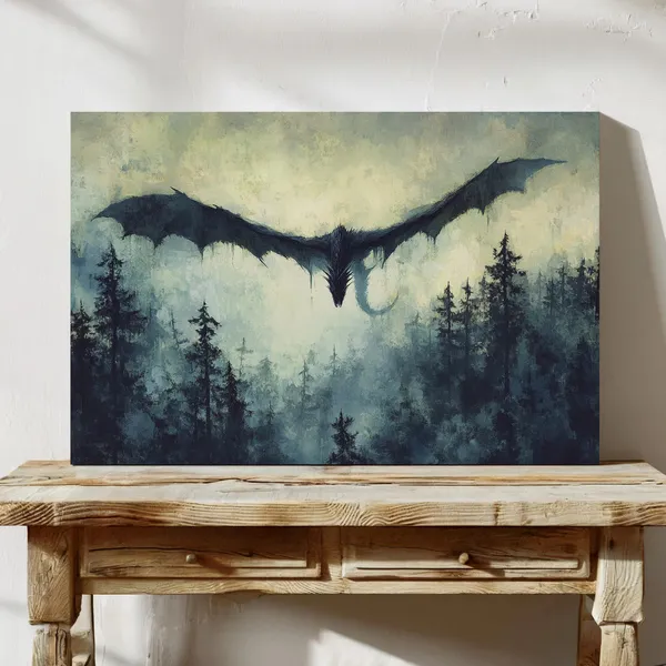 Mystical Dragon Over Misty Forest, Fantasy Art Print