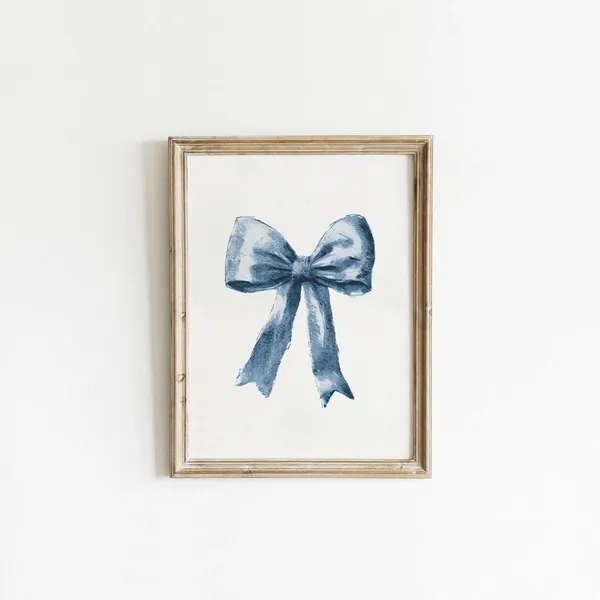 Navy Blue Bow Retro Painting Poster, Preppy Dorm Art Print
