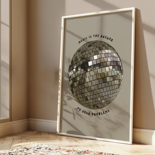 Music Is The Answer Silver Disco Ball Art Print