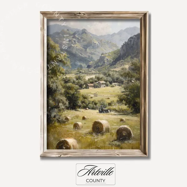 Country Landscape Painting Tractor in Field, Farmhouse