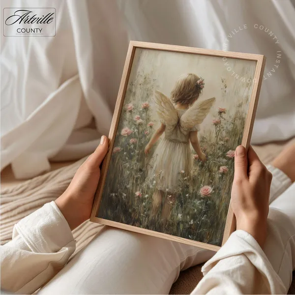 Baby Angel Print, Neutral Nursery Vintage Floral