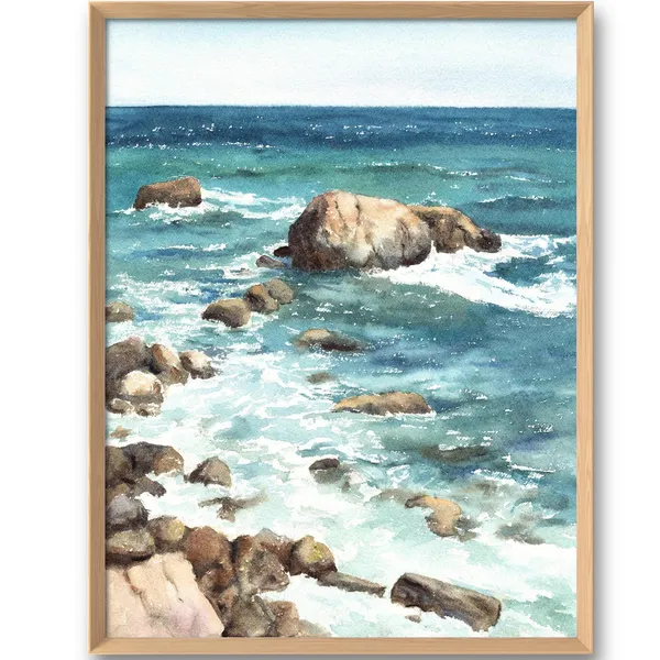 Rocky Coast Watercolor Art Print, Big Sur Coastline