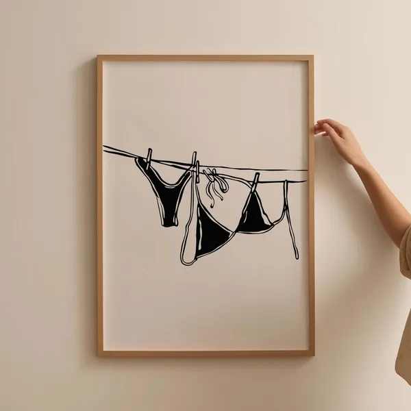 Bikini Hanging Poster, Coastal Laundry Art Print