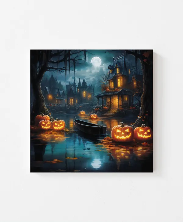 Halloween Haunted Village Art Print, Spooky Season