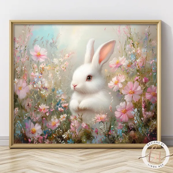 Spring Bunny Rabbit in Wildflower Field, Vintage Art Print