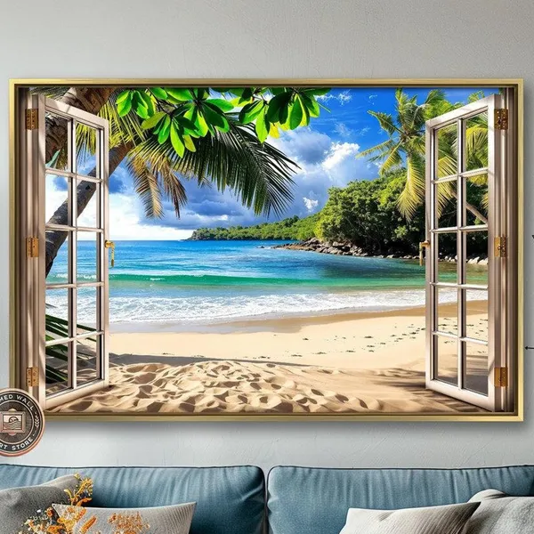 Ocean Sandy Beach Window View, Coastal Travel Poster
