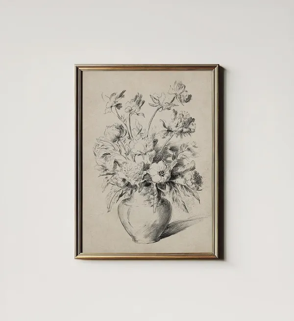 Neutral Botanical Sketch Art, French Kitchen Decor