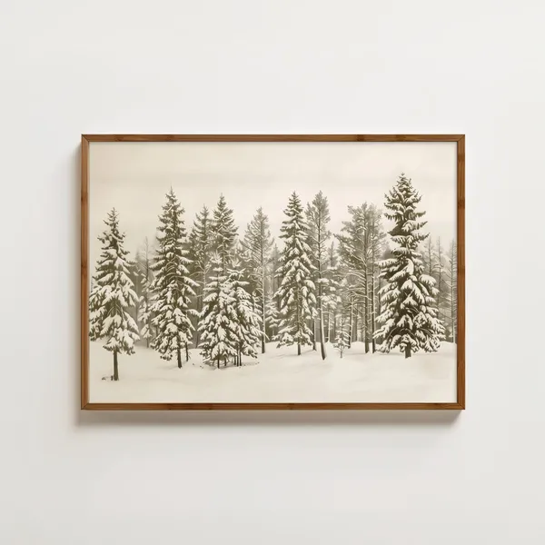 Vintage Pine Tree Winter Forest Art Print, Christmas Decor