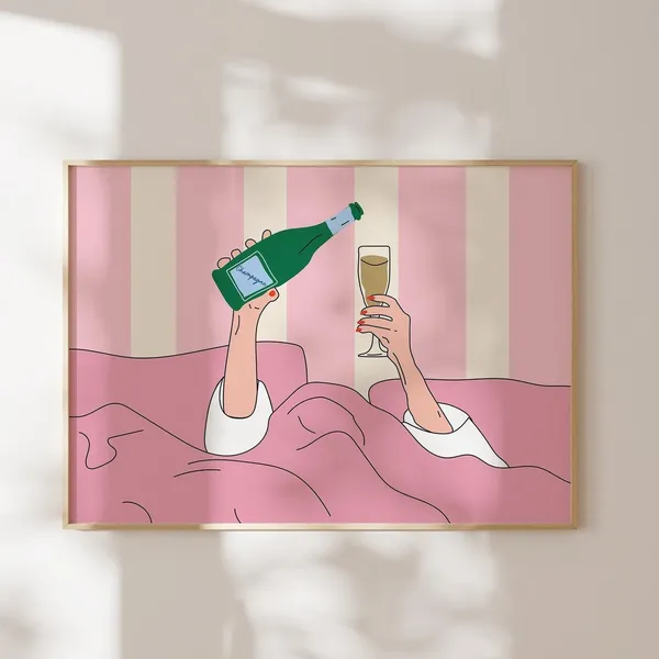Wine In Bed Art Print, Pink Bar Cart Decor