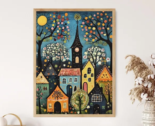 German Storybook Village Art Print, Rustic Folk Style