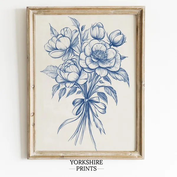 Victorian Blue Rose Bouquet Sketch Art Print, Yorkshire