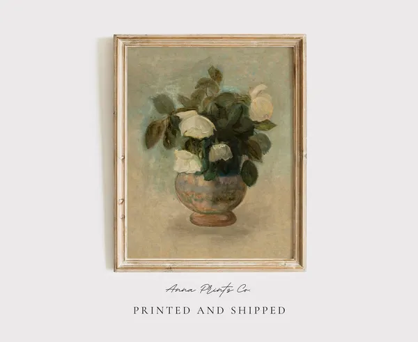 White Roses Still Life, Vintage Neutral Art Print