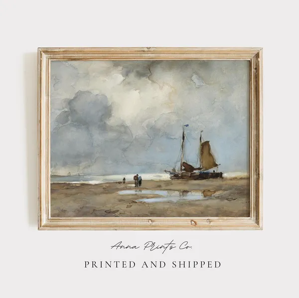 Vintage Coastal Scene Art Print, Beach Landscape