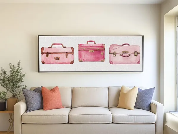Retro Pink Suitcase Travel Poster, Cottagecore Decor