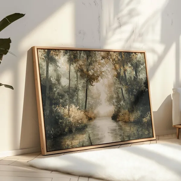 Tranquil Forest River Art Print, Rustic Nature Scene