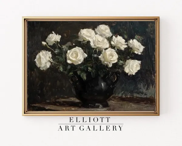 Muted White Roses Vintage Floral Still Life Art Print