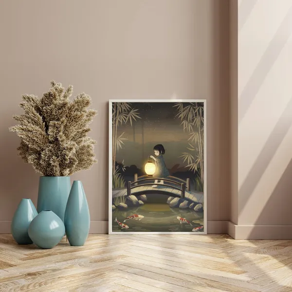 Koi Pond and Lantern Watercolor Art Print, Retro Japanese