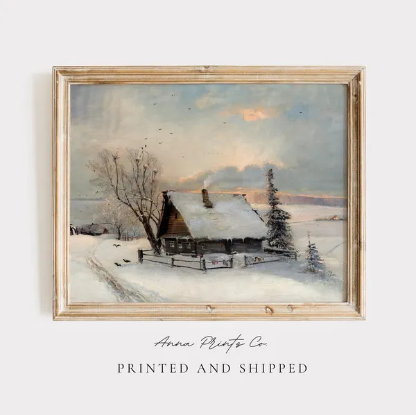 Antique Snowy Landscape, Rustic Cabin Winter Art Print