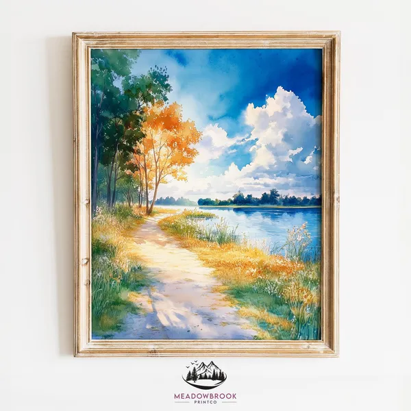 Spring River Path Watercolor Landscape Art Print