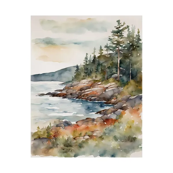 Acadia Shoreline Maine Watercolor Landscape Art Print