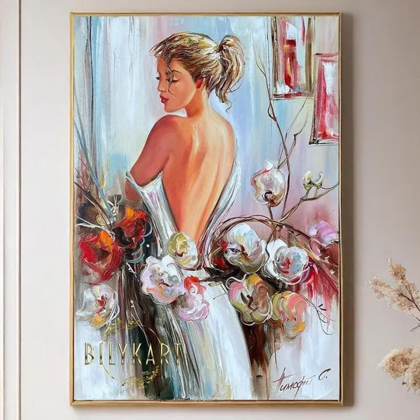 Elegant Woman Looking at Flowers, Sensual Art Print