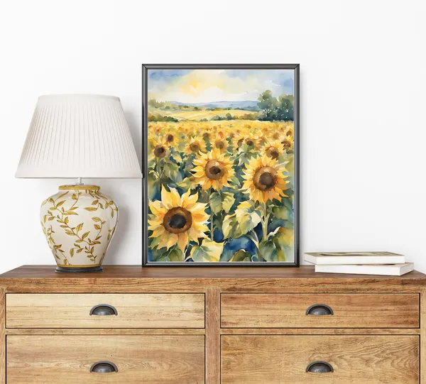 Sunflower Field Watercolor Landscape Art Print
