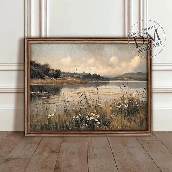 Irish Countryside Lake Rustic Floral Landscape Print