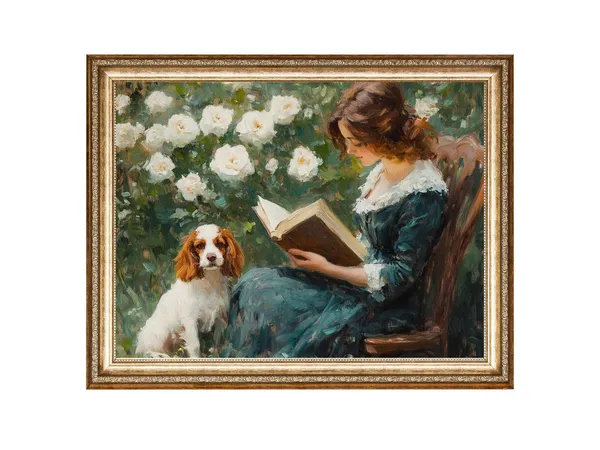 Rose Garden Girl Reading, Vintage Cottagecore Art Print