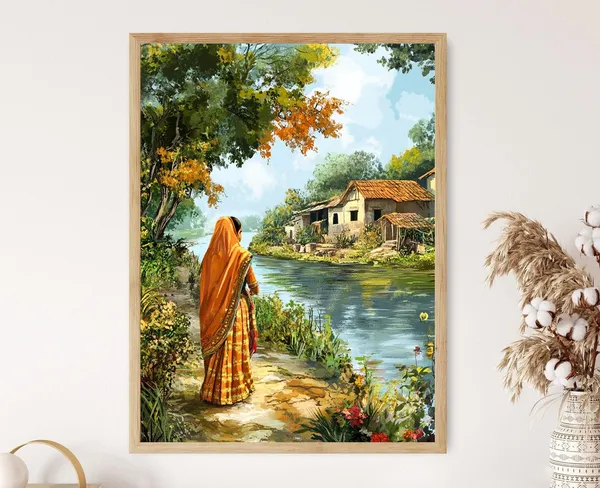 Bengali Woman By The River Art Print, Village Wall Decor
