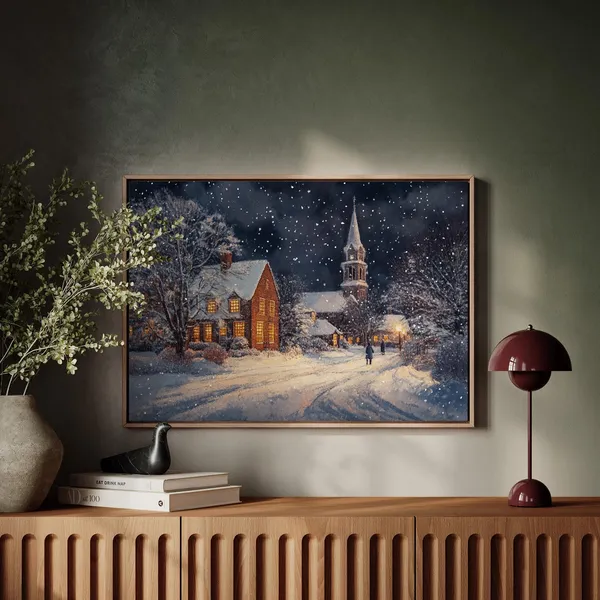 Cozy Winter Village Scene Art Print, Christmas Town