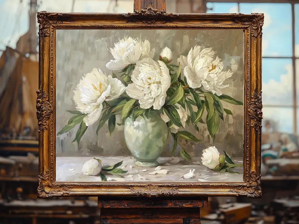 Peony Flowers in Vase, Cottage Core Vintage Art Print - Image 2
