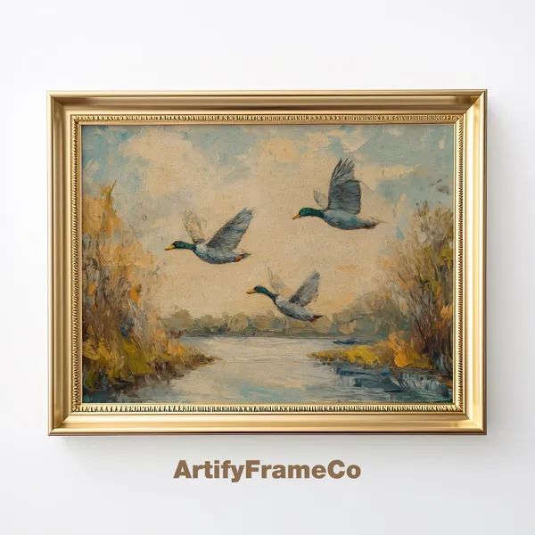 Vintage Flying Ducks Oil Painting River Landscape Art Print