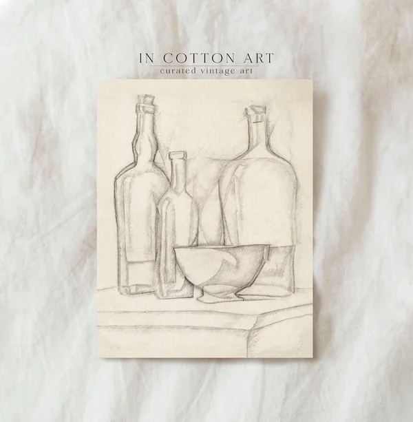 Vintage Still Life Sketch, Modern Cottage Art Print