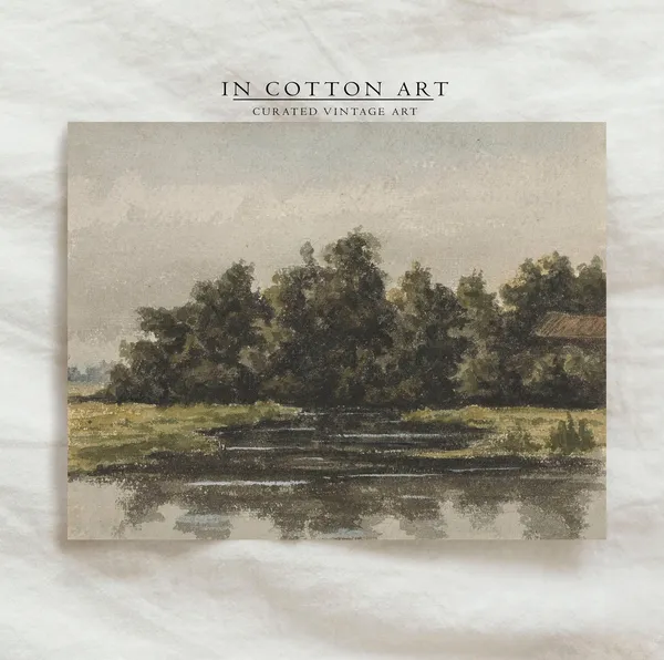 Vintage Summer Cottage Landscape, Lake House Art Print