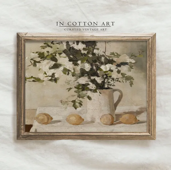 Vintage Neutral Lemon Still Life, Farmhouse Kitchen Art Print