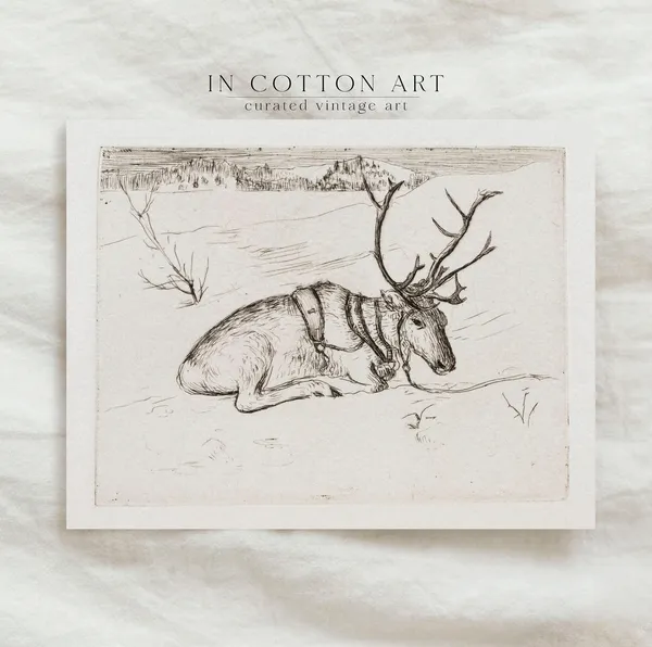 Vintage Christmas Reindeer Drawing, Farmhouse Art Print