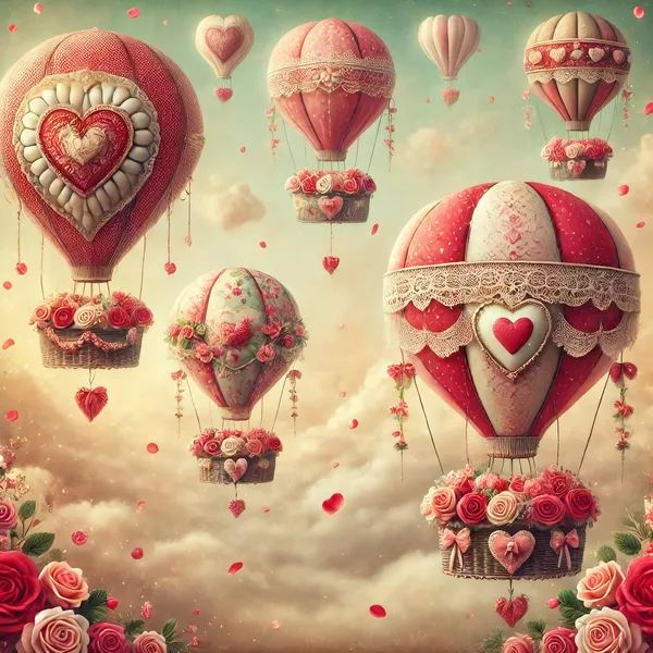 Whimsical Romantic Hot Air Balloons, Vintage Print